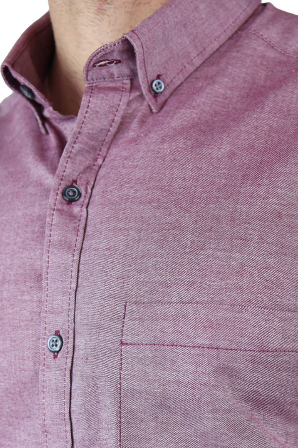 Camisa Cuello Americano Manga Larga Rojo Vino Tela Con Textura Para Hombre